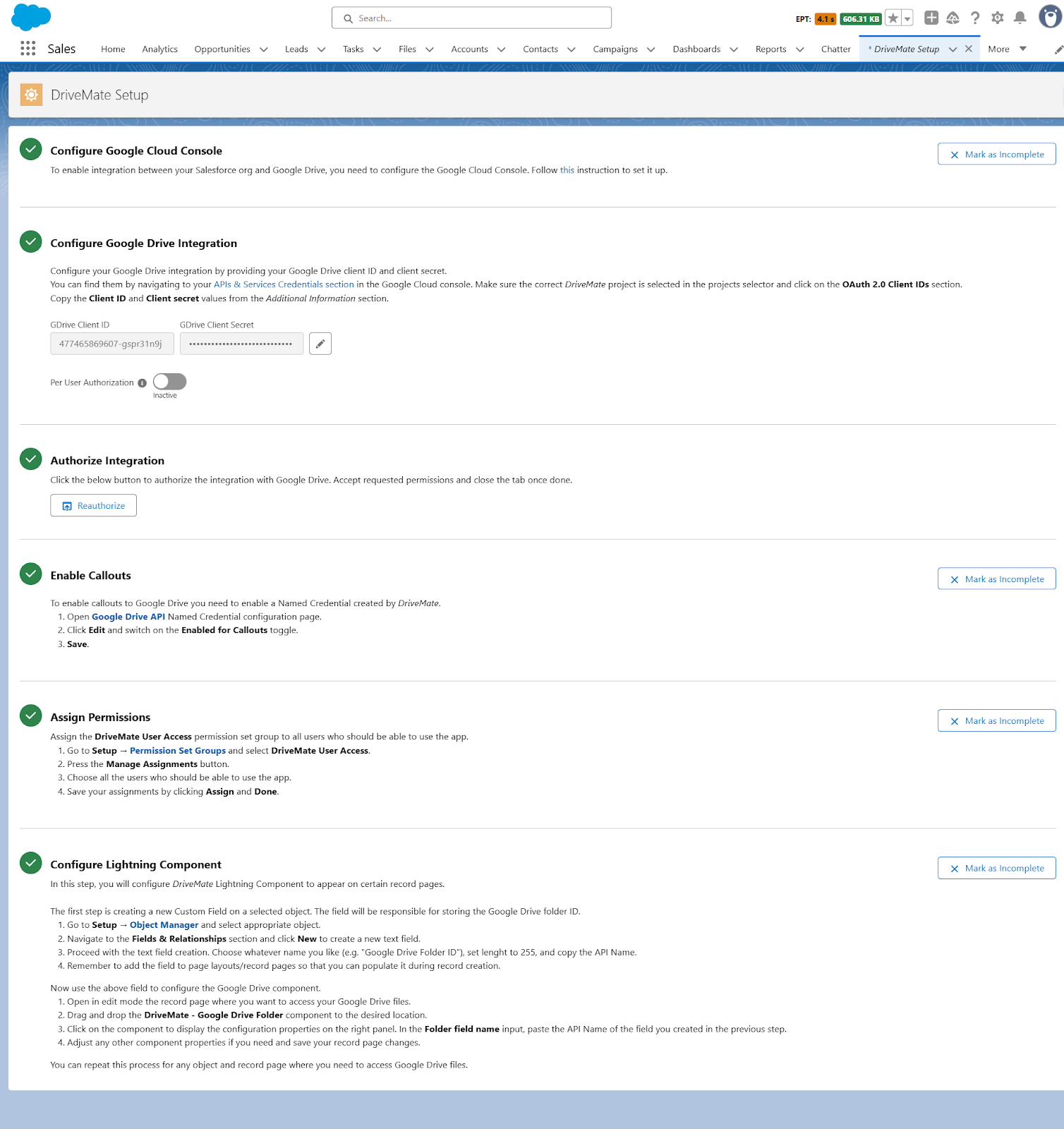 Setup page