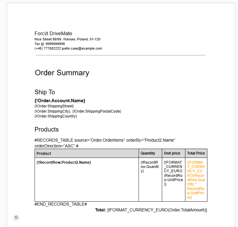 Sample record table-based template - Order Summary