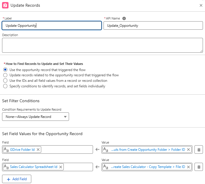 Update Opportunity with folder and spreadsheet IDs
